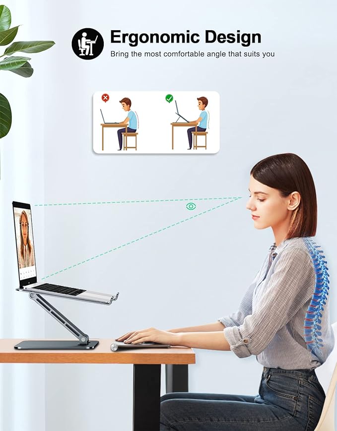 RIWUCT Foldable Laptop Stand, Height Adjustable Ergonomic Computer Stand for Desk, Aluminum Portable Laptop Riser Holder Notebook Mount Compatible with MacBook Pro Air, HP, Dell 10 - 16"(Gray) | Stands - TrueDesk