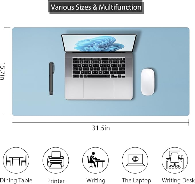 Roslim Leather Desk Pad Protector,Mouse Pad,Non - Slip Computer Mat for Desk,PU Leather Office Desk Mat for Home & Office,Waterproof Laptop Desk Blotter for Keyboard and Mouse,Sky Blue (15.7''X31.5'') | Desk Pads Blotters - TrueDesk