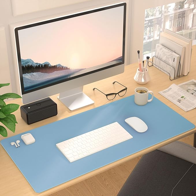 Roslim Leather Desk Pad Protector,Mouse Pad,Non - Slip Computer Mat for Desk,PU Leather Office Desk Mat for Home & Office,Waterproof Laptop Desk Blotter for Keyboard and Mouse,Sky Blue (15.7''X31.5'') | Desk Pads Blotters - TrueDesk