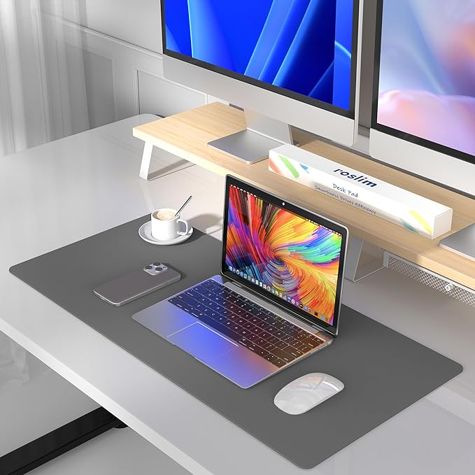 Roslim Leather Desk Pad Protector,Mouse Pad,Non - Slip Computer Mat for Desk,PU Leather Office Desk Mat for Home & Office,Waterproof Laptop Desk Blotter for Keyboard and Mouse,Deep Grey (17''X48'') | Desk Pads Blotters - TrueDesk