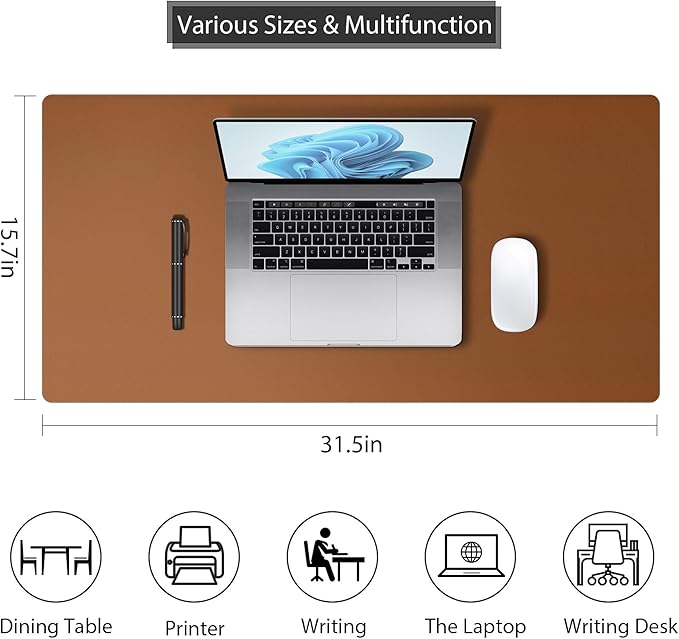 Roslim Leather Desk Pad Protector,Mouse Pad,Non - Slip Computer Mat for Desk,PU Leather Office Desk Mat for Home & Office,Waterproof Laptop Desk Blotter for Keyboard and Mouse,Brown (15.7''X31.5'') | Desk Pads Blotters - TrueDesk