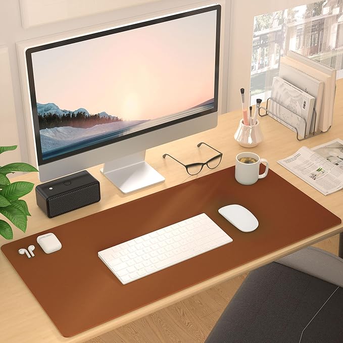 Roslim Leather Desk Pad Protector,Mouse Pad,Non - Slip Computer Mat for Desk,PU Leather Office Desk Mat for Home & Office,Waterproof Laptop Desk Blotter for Keyboard and Mouse,Brown (15.7''X31.5'') | Desk Pads Blotters - TrueDesk