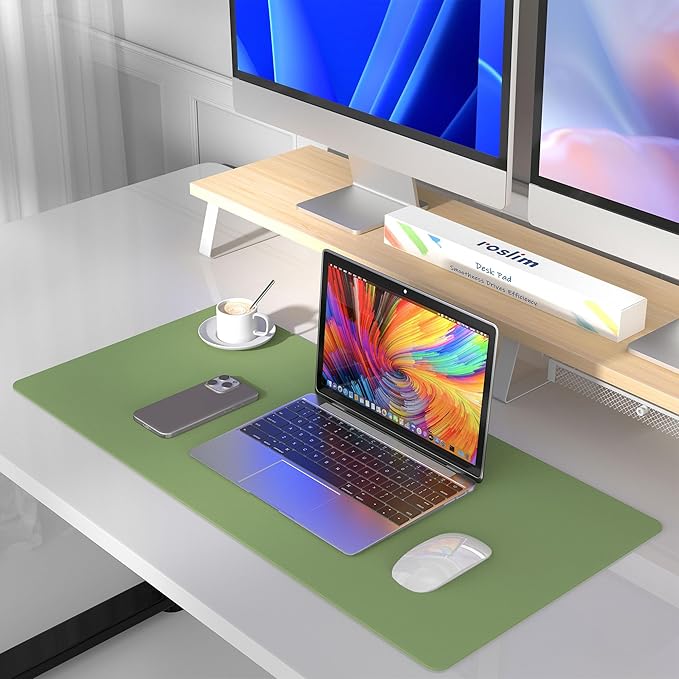 Roslim Leather Desk Pad Protector,Mouse Pad,Non - Slip Computer Mat for Desk,PU Leather Office Desk Mat for Home & Office,Waterproof Laptop Desk Blotter for Keyboard and Mouse,Olive Green ((17''X48'') | Mouse Pads - TrueDesk