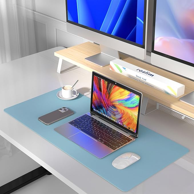 Roslim Leather Desk Pad Protector,Mouse Pad,Non - Slip Computer Mat for Desk,PU Leather Office Desk Mat for Home & Office,Waterproof Laptop Desk Blotter for Keyboard and Mouse,Sky Blue (15.7''X31.5'') | Desk Pads Blotters - TrueDesk