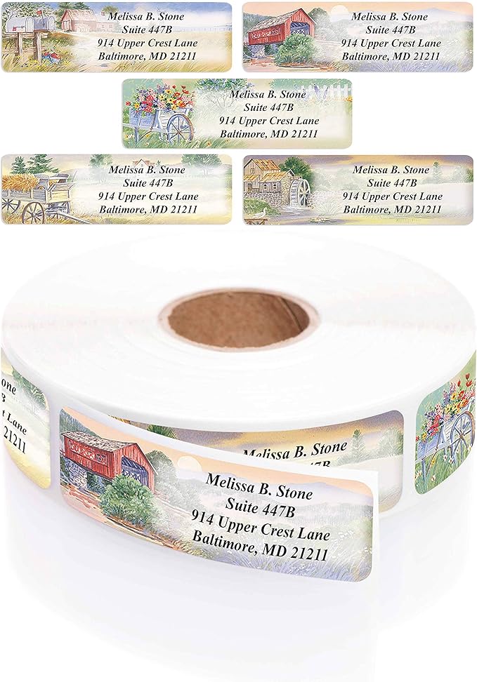 Rural America Assorted Country Scenes Personalized Return Address Labels with Dispenser - Roll of 500 Custom Labels | Address Labels - TrueDesk
