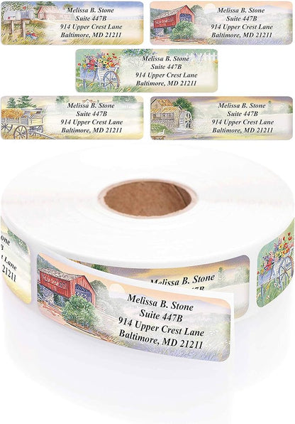 Rural America Assorted Country Scenes Personalized Return Address Labels with Dispenser - Roll of 500 Custom Labels | Address Labels - TrueDesk