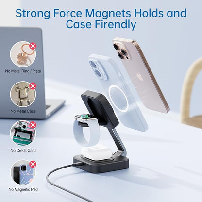 RYND 2026 Traveling Wireless Mag - Safe Fast Charging Station,Magnetic 3 in 1 Charger with iPhone 17 16 15 14 13 12 Pro Max Plus,Apple Watch Series & Air pods 4 3 2 Pro - Gifts for Wife & Husband(Black) | Wireless Chargers - TrueDesk
