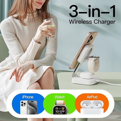 RYND 2026 Traveling Wireless Mag - Safe Fast Charging Station,Magnetic 3 in 1 Charger with iPhone 17 16 15 14 13 12 Pro Max Plus,Apple Watch Series & Air pods 4 3 2 Pro - Gifts for Wife & Husband(White) | Wireless Chargers - TrueDesk