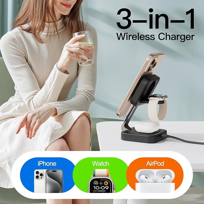 RYND 2026 Traveling Wireless Mag - Safe Fast Charging Station,Magnetic 3 in 1 Charger with iPhone 17 16 15 14 13 12 Pro Max Plus,Apple Watch Series & Air pods 4 3 2 Pro - Gifts for Wife & Husband(Black) | Wireless Chargers - TrueDesk