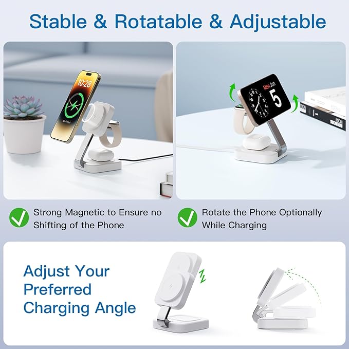 RYND 2026 Traveling Wireless Mag - Safe Fast Charging Station,Magnetic 3 in 1 Charger with iPhone 17 16 15 14 13 12 Pro Max Plus,Apple Watch Series & Air pods 4 3 2 Pro - Gifts for Wife & Husband(White) | Wireless Chargers - TrueDesk