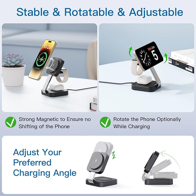 RYND 2026 Traveling Wireless Mag - Safe Fast Charging Station,Magnetic 3 in 1 Charger with iPhone 17 16 15 14 13 12 Pro Max Plus,Apple Watch Series & Air pods 4 3 2 Pro - Gifts for Wife & Husband(Black) | Wireless Chargers - TrueDesk