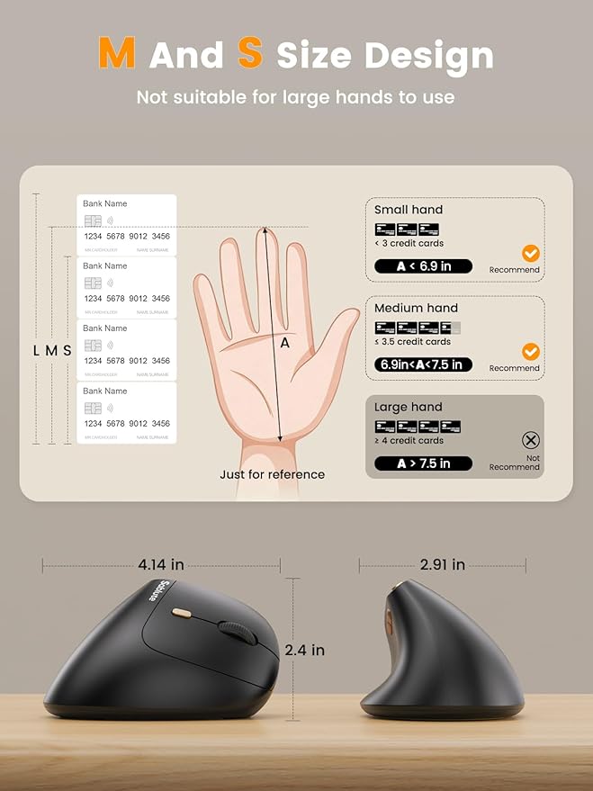 SABLUTE MAM3 Ergonomic Mouse, Bluetooth Mouse for Small/Medium Hands,Dual - Device Connectivity for Computer/Laptop, Rechargeable Wireless Vertical Mouse with 4 Adjustable DPI for Window,Mac OS,Black | Mice - TrueDesk
