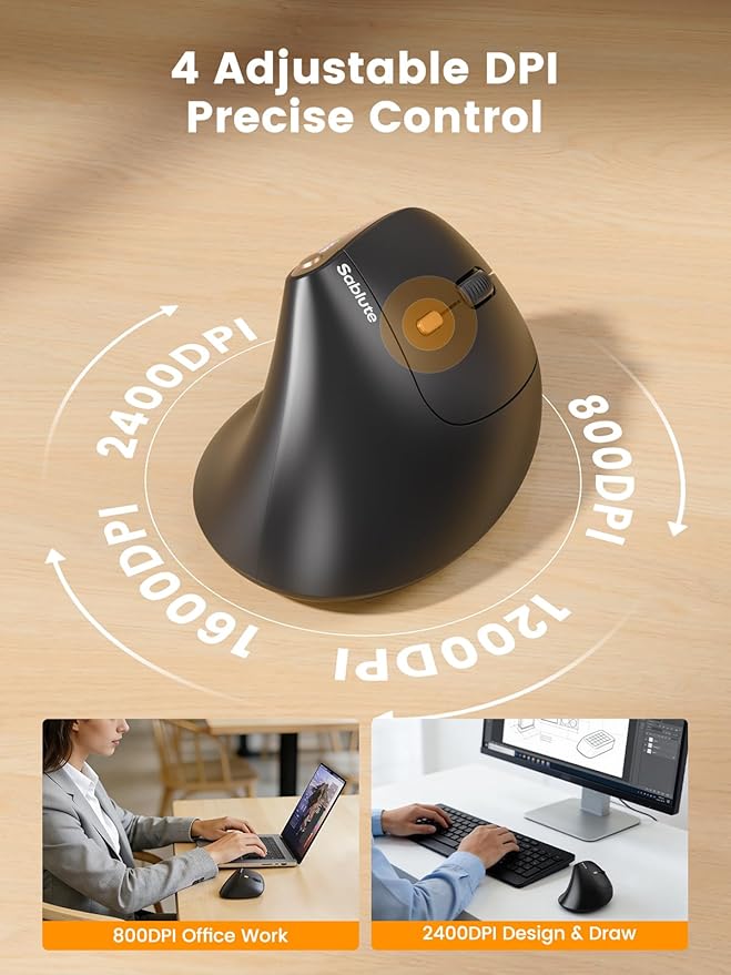 SABLUTE MAM3 Ergonomic Mouse, Bluetooth Mouse for Small/Medium Hands,Dual - Device Connectivity for Computer/Laptop, Rechargeable Wireless Vertical Mouse with 4 Adjustable DPI for Window,Mac OS,Black | Mice - TrueDesk