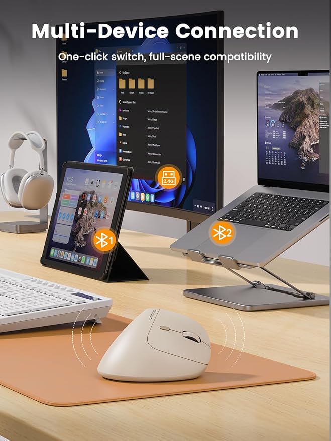 SABLUTE MAM3 Ergonomic Mouse, Rechargeable Wireless Vertical Mouse with 4 Adjustable DPI for Small/Medium Hands, Dual - Device Connectivity for Computer/PC/Laptop,Bluetooth Mouse for Window,Mac OS,Beige | Mice - TrueDesk