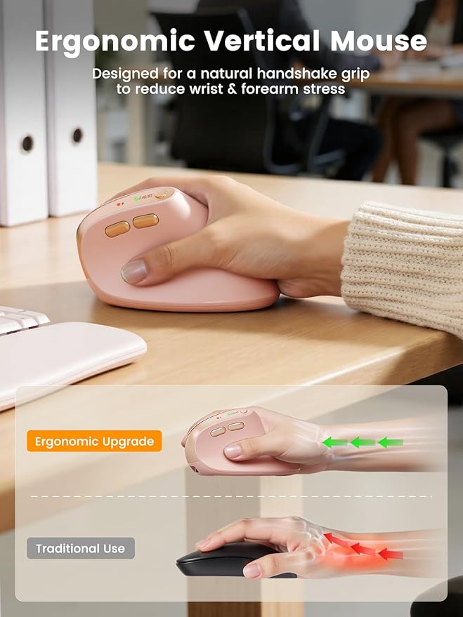SABLUTE MAM3 Ergonomic Mouse, Rechargeable Wireless Vertical Mouse with 4 Adjustable DPI for Small/Medium Hands, Dual - Device Connectivity for Computer/PC/Laptop,Bluetooth Mouse for Window,Mac OS,Pink | Mice - TrueDesk
