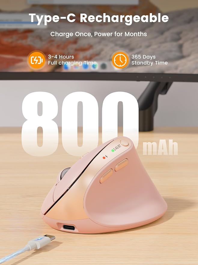 SABLUTE MAM3 Ergonomic Mouse, Rechargeable Wireless Vertical Mouse with 4 Adjustable DPI for Small/Medium Hands, Dual - Device Connectivity for Computer/PC/Laptop,Bluetooth Mouse for Window,Mac OS,Pink | Mice - TrueDesk