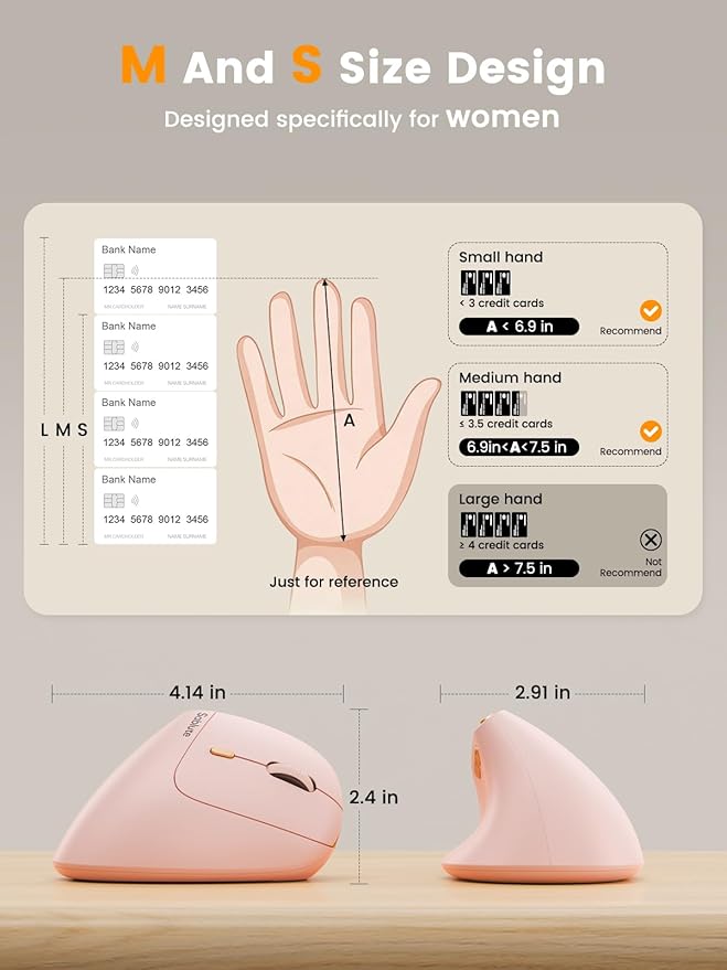 SABLUTE MAM3 Ergonomic Mouse, Rechargeable Wireless Vertical Mouse with 4 Adjustable DPI for Small/Medium Hands, Dual - Device Connectivity for Computer/PC/Laptop,Bluetooth Mouse for Window,Mac OS,Pink | Mice - TrueDesk