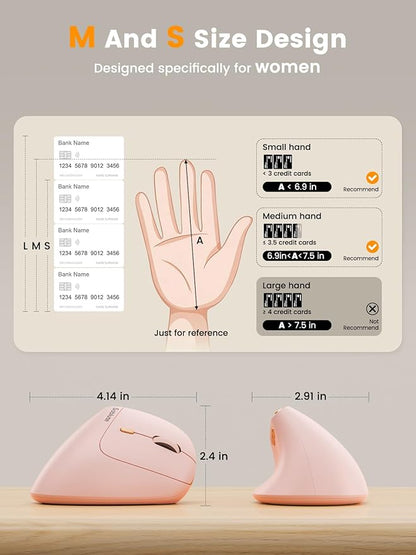 SABLUTE MAM3 Ergonomic Mouse, Rechargeable Wireless Vertical Mouse with 4 Adjustable DPI for Small/Medium Hands, Dual - Device Connectivity for Computer/PC/Laptop,Bluetooth Mouse for Window,Mac OS,Pink | Mice - TrueDesk