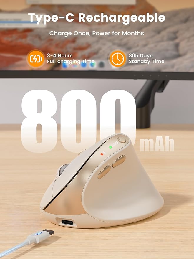 SABLUTE MAM3 Ergonomic Mouse, Rechargeable Wireless Vertical Mouse with 4 Adjustable DPI for Small/Medium Hands, Dual - Device Connectivity for Computer/PC/Laptop,Bluetooth Mouse for Window,Mac OS,Beige | Mice - TrueDesk