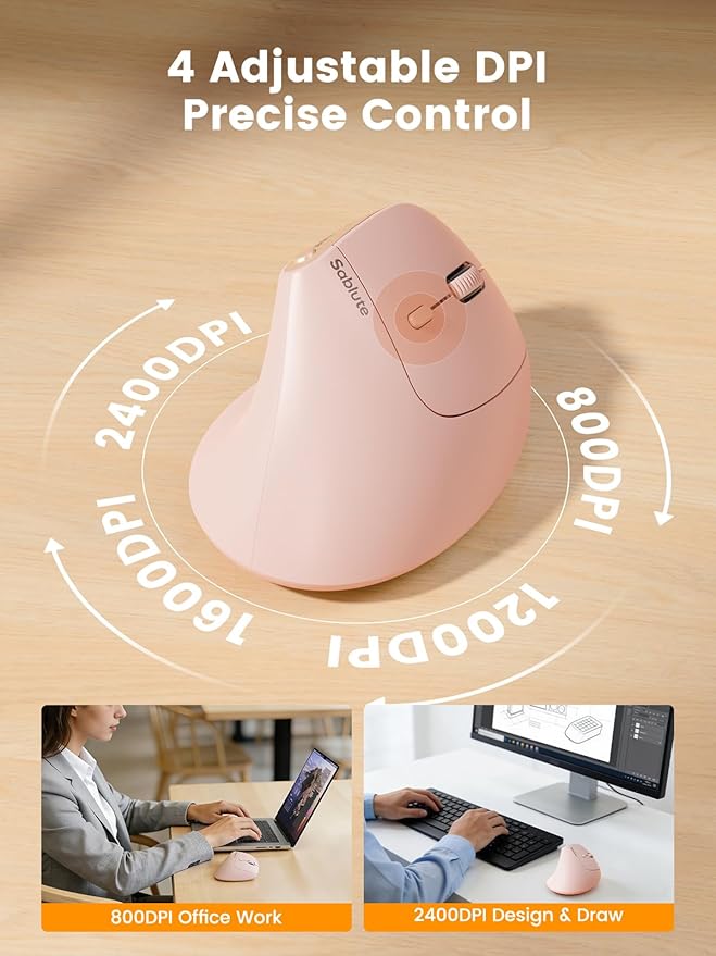 SABLUTE MAM3 Ergonomic Mouse, Rechargeable Wireless Vertical Mouse with 4 Adjustable DPI for Small/Medium Hands, Dual - Device Connectivity for Computer/PC/Laptop,Bluetooth Mouse for Window,Mac OS,Pink | Mice - TrueDesk
