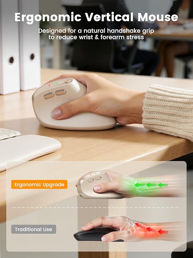 SABLUTE MAM3 Ergonomic Mouse, Rechargeable Wireless Vertical Mouse with 4 Adjustable DPI for Small/Medium Hands, Dual - Device Connectivity for Computer/PC/Laptop,Bluetooth Mouse for Window,Mac OS,Beige | Mice - TrueDesk