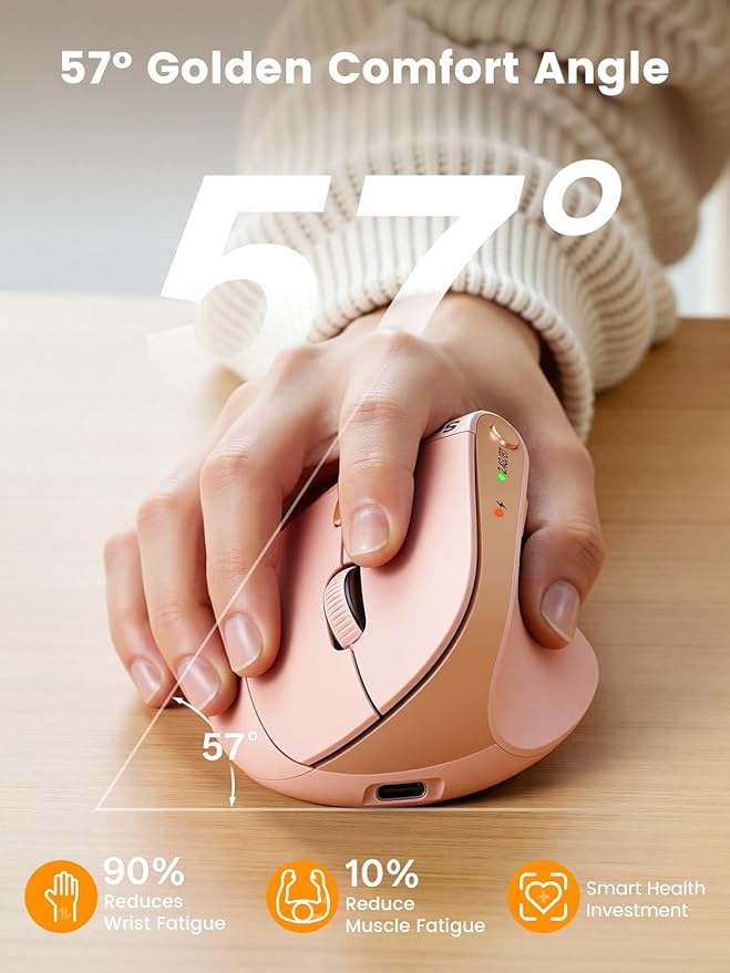 SABLUTE MAM3 Ergonomic Mouse, Rechargeable Wireless Vertical Mouse with 4 Adjustable DPI for Small/Medium Hands, Dual - Device Connectivity for Computer/PC/Laptop,Bluetooth Mouse for Window,Mac OS,Pink | Mice - TrueDesk
