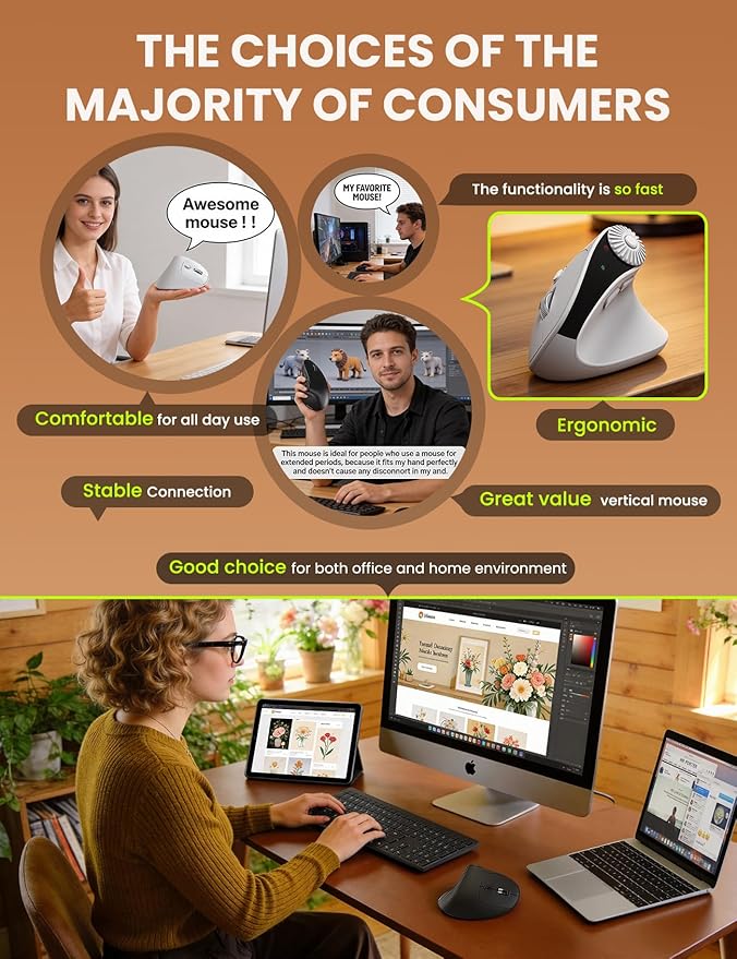SABLUTE MAM51 Ergonomic Mouse Wireless with 3 - in - 1 Quick - Switch Scroll Wheel, Vertical Mouse with 4000 DPI, 8 Buttons Wireless Computer Mouse, 2.4Ghz/Bluetooth Mouse for Laptop and Desktop - White | Mice - TrueDesk
