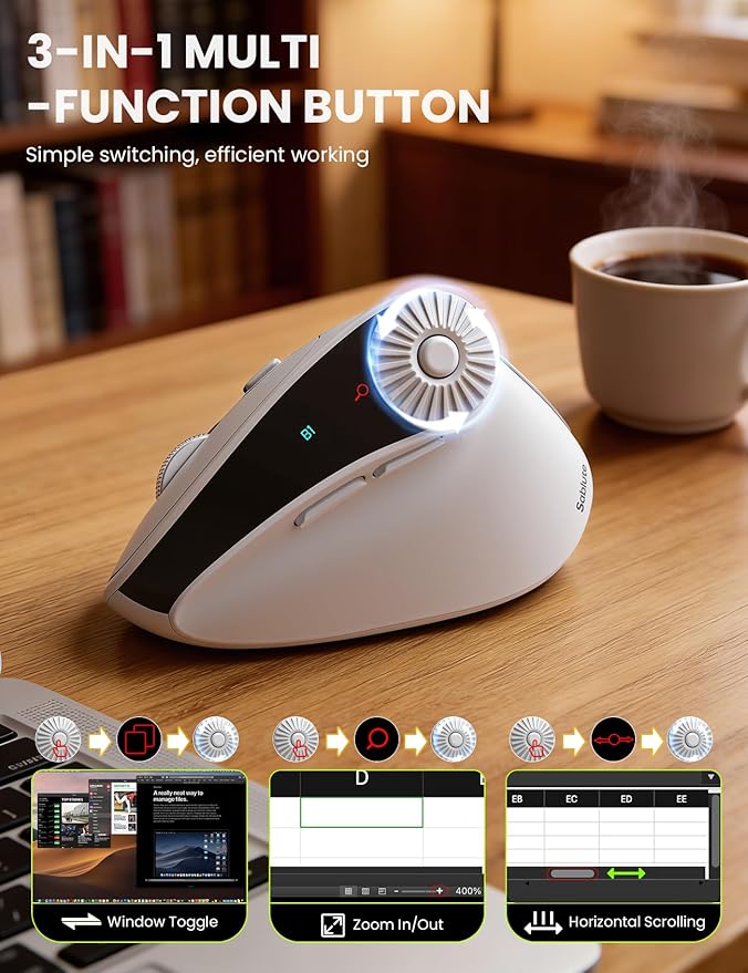 SABLUTE MAM51 Ergonomic Mouse Wireless with 3 - in - 1 Quick - Switch Scroll Wheel, Vertical Mouse with 4000 DPI, 8 Buttons Wireless Computer Mouse, 2.4Ghz/Bluetooth Mouse for Laptop and Desktop - White | Mice - TrueDesk