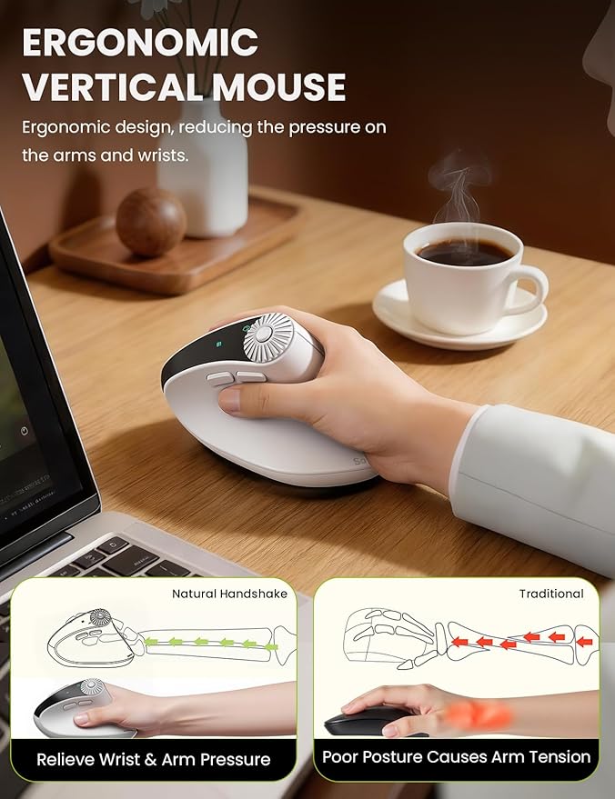 SABLUTE MAM51 Ergonomic Mouse Wireless with 3 - in - 1 Quick - Switch Scroll Wheel, Vertical Mouse with 4000 DPI, 8 Buttons Wireless Computer Mouse, 2.4Ghz/Bluetooth Mouse for Laptop and Desktop - White | Mice - TrueDesk