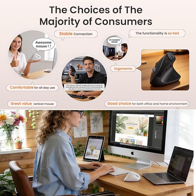 SABLUTE MAM51 Ergonomic Mouse Wireless with Side Scroll Wheel, Bluetooth Mouse with 4000 DPI, 8 Buttons Office Wireless Computer Mouse, Small to Medium Sized Hands Vertical Mice for PC and Desktop | Mice - TrueDesk