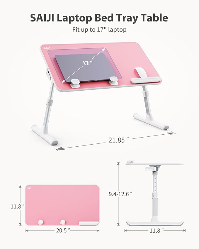 SAIJI Height & Angle Adjustable Laptop Stand for Bed, Lap Desk Bed Tray Table, Light Weight Foldable Portable Laptop Table for Couch Sofa Chair Floor Desk for Adults, Kids (Pink) | Lap Desks - TrueDesk