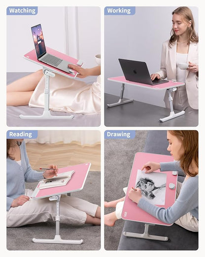 SAIJI Height & Angle Adjustable Laptop Stand for Bed, Lap Desk Bed Tray Table, Light Weight Foldable Portable Laptop Table for Couch Sofa Chair Floor Desk for Adults, Kids (Pink) | Lap Desks - TrueDesk