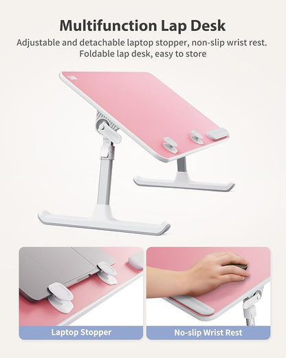 SAIJI Height & Angle Adjustable Laptop Stand for Bed, Lap Desk Bed Tray Table, Light Weight Foldable Portable Laptop Table for Couch Sofa Chair Floor Desk for Adults, Kids (Pink) | Lap Desks - TrueDesk
