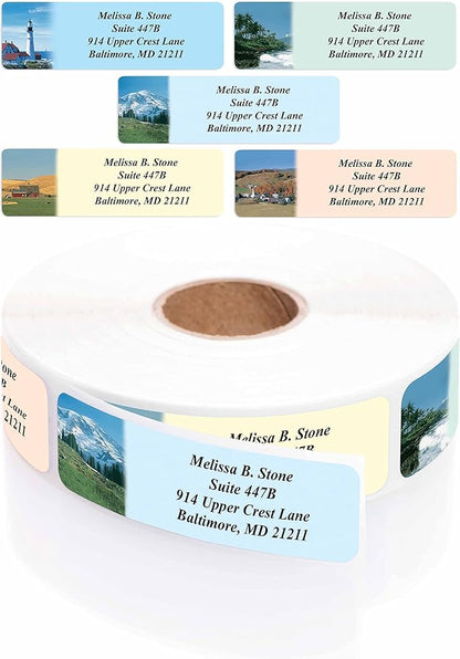 Scenic America Assorted Designer Rolled Address Labels with Elegant Plastic Dispenser | Address Labels - TrueDesk