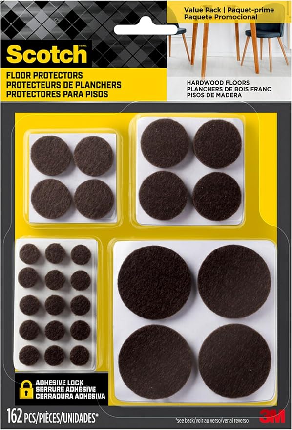 Scotch Felt Pads 162 PCS Brown, Felt Furniture Pads for Protecting Hardwood Floors, Round, Assorted Sizes Value Pack, Self - Stick design, Protecting from nicks, dents and scratches (SP847 - NA) | Furniture Pads - TrueDesk