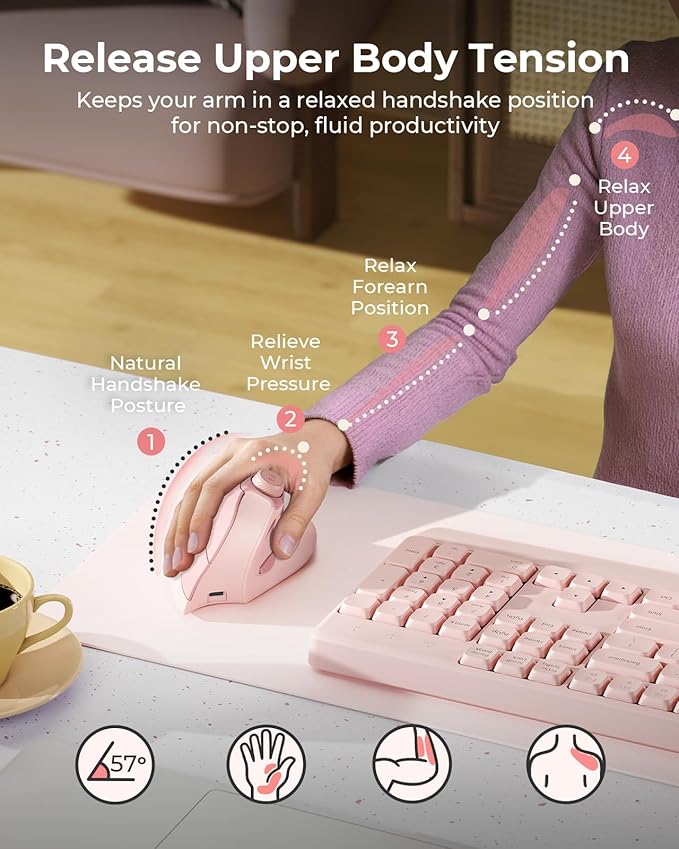 seenda Ergonomic Mouse Wireless, MOU - 302 Bluetooth Vertical Mouse Rechargeable, Optical Mice with 1000/1600/2400 DPI, Volume Knob, 3 Multi - Device Connectivity for Computer/PC/Laptop/Mac, Pink | Mice - TrueDesk
