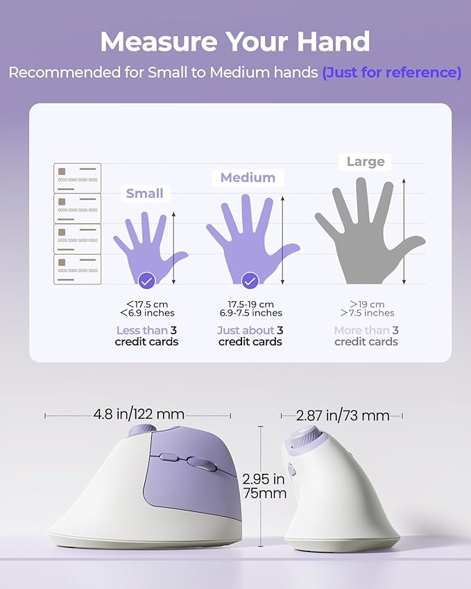 seenda Ergonomic Mouse Wireless, MOU - 302 Bluetooth Vertical Mouse Rechargeable, Optical Mice with 1000/1600/2400 DPI, Volume Knob, 3 Multi - Device Connectivity for Computer/PC/Laptop/Mac, White Purple | Mice - TrueDesk
