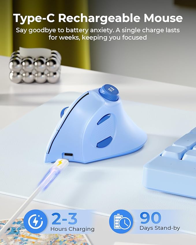 seenda Ergonomic Mouse Wireless, MOU - 302 Bluetooth Vertical Mouse Rechargeable, Optical Mice with 1000/1600/2400 DPI, Volume Knob, 3 Multi - Device Connectivity for Computer/PC/Laptop/Mac, Blue | Mice - TrueDesk