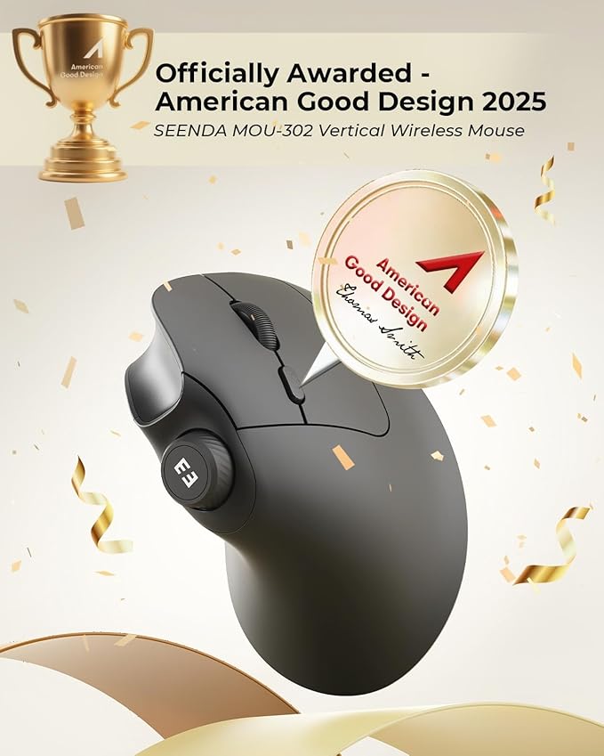 seenda Ergonomic Mouse Wireless, MOU - 302 Bluetooth Vertical Mouse Rechargeable, Optical Mice with 1000/1600/2400 DPI, Volume Knob, 3 Multi - Device Connectivity for Computer/PC/Laptop/Mac, Black | Mice - TrueDesk