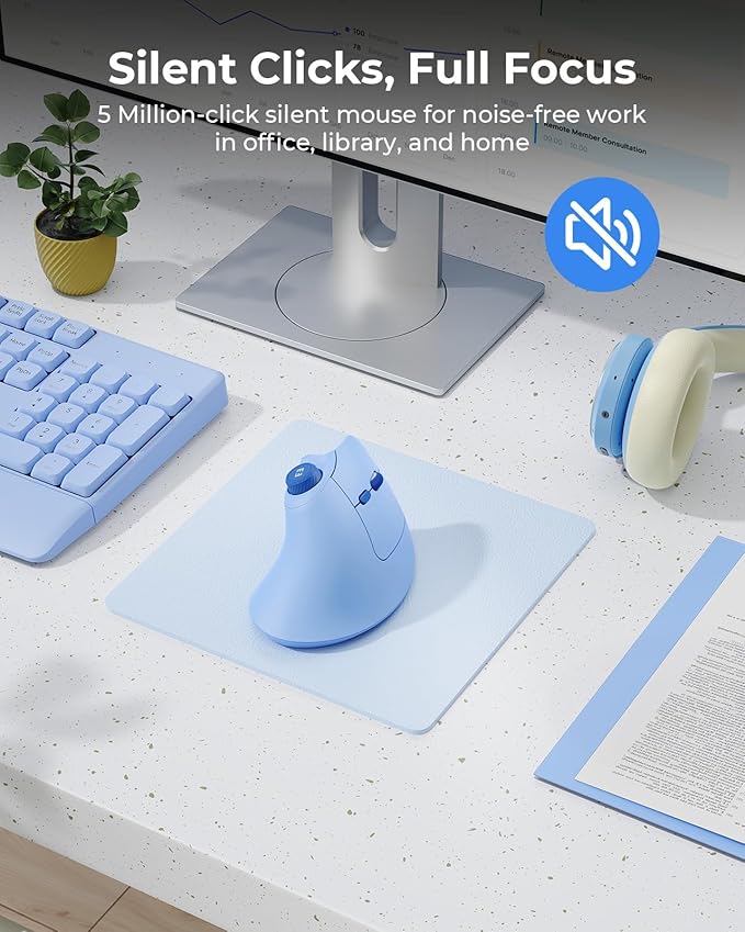 seenda Ergonomic Mouse Wireless, MOU - 302 Bluetooth Vertical Mouse Rechargeable, Optical Mice with 1000/1600/2400 DPI, Volume Knob, 3 Multi - Device Connectivity for Computer/PC/Laptop/Mac, Blue | Mice - TrueDesk