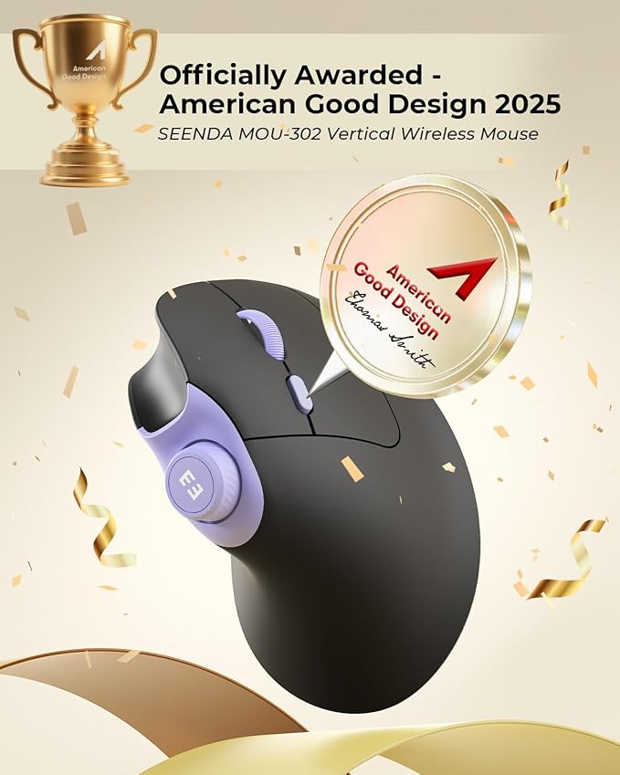seenda Ergonomic Mouse Wireless, MOU - 302 Bluetooth Vertical Mouse Rechargeable, Optical Mice with 1000/1600/2400 DPI, Volume Knob, 3 Multi - Device Connectivity for Computer/PC/Laptop/Mac, Black Purple | Mice - TrueDesk
