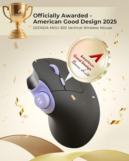 seenda Ergonomic Mouse Wireless, MOU - 302 Bluetooth Vertical Mouse Rechargeable, Optical Mice with 1000/1600/2400 DPI, Volume Knob, 3 Multi - Device Connectivity for Computer/PC/Laptop/Mac, Black Purple | Mice - TrueDesk