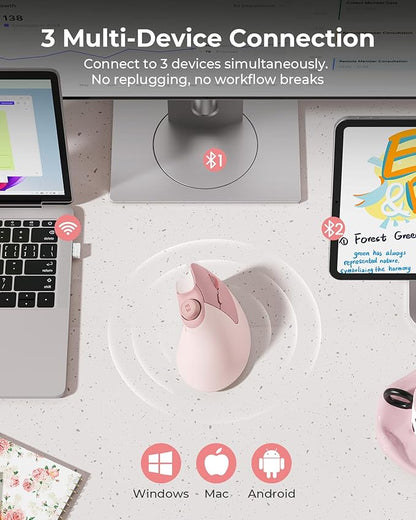 seenda Ergonomic Mouse Wireless, MOU - 302 Bluetooth Vertical Mouse Rechargeable, Optical Mice with 1000/1600/2400 DPI, Volume Knob, 3 Multi - Device Connectivity for Computer/PC/Laptop/Mac, Pink | Mice - TrueDesk