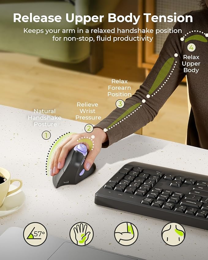 seenda Ergonomic Mouse Wireless, MOU - 302 Bluetooth Vertical Mouse Rechargeable, Optical Mice with 1000/1600/2400 DPI, Volume Knob, 3 Multi - Device Connectivity for Computer/PC/Laptop/Mac, Black Purple | Mice - TrueDesk