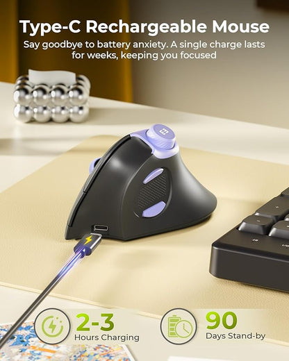seenda Ergonomic Mouse Wireless, MOU - 302 Bluetooth Vertical Mouse Rechargeable, Optical Mice with 1000/1600/2400 DPI, Volume Knob, 3 Multi - Device Connectivity for Computer/PC/Laptop/Mac, Black Purple | Mice - TrueDesk