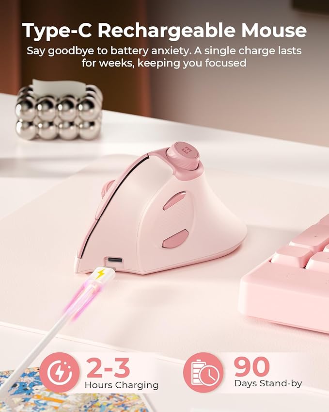 seenda Ergonomic Mouse Wireless, MOU - 302 Bluetooth Vertical Mouse Rechargeable, Optical Mice with 1000/1600/2400 DPI, Volume Knob, 3 Multi - Device Connectivity for Computer/PC/Laptop/Mac, Pink | Mice - TrueDesk