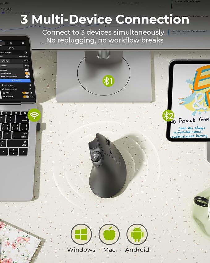 seenda Ergonomic Mouse Wireless, MOU - 302 Bluetooth Vertical Mouse Rechargeable, Optical Mice with 1000/1600/2400 DPI, Volume Knob, 3 Multi - Device Connectivity for Computer/PC/Laptop/Mac, Black | Mice - TrueDesk