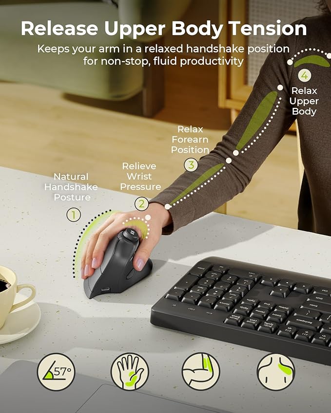 seenda Ergonomic Mouse Wireless, MOU - 302 Bluetooth Vertical Mouse Rechargeable, Optical Mice with 1000/1600/2400 DPI, Volume Knob, 3 Multi - Device Connectivity for Computer/PC/Laptop/Mac, Black | Mice - TrueDesk