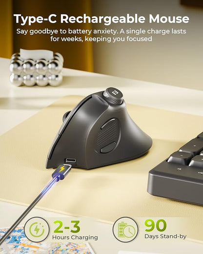 seenda Ergonomic Mouse Wireless, MOU - 302 Bluetooth Vertical Mouse Rechargeable, Optical Mice with 1000/1600/2400 DPI, Volume Knob, 3 Multi - Device Connectivity for Computer/PC/Laptop/Mac, Black | Mice - TrueDesk