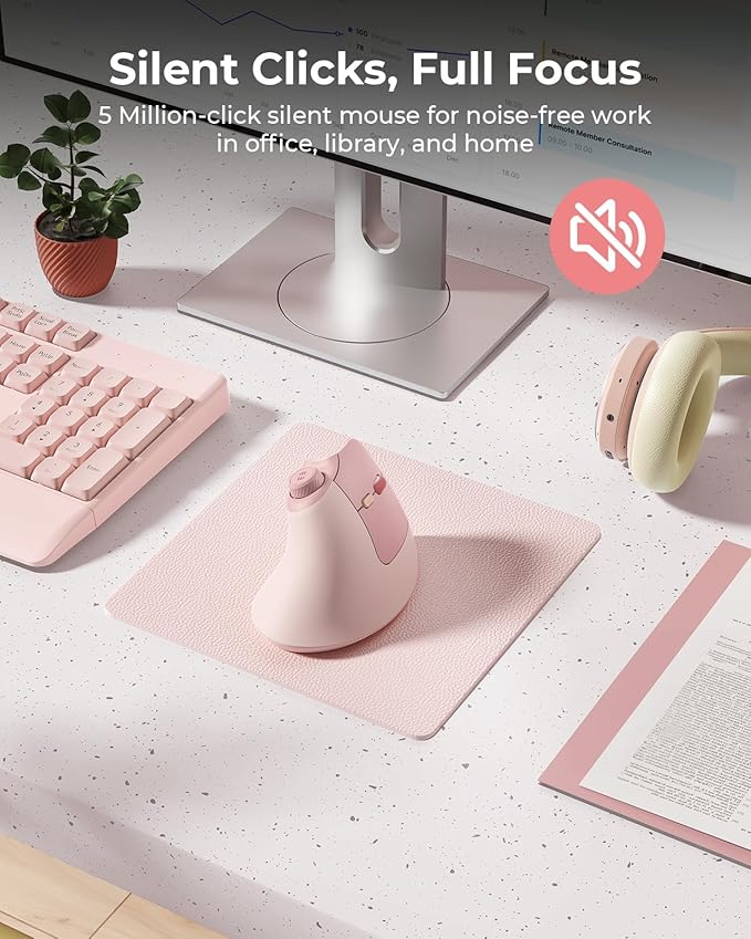 seenda Ergonomic Mouse Wireless, MOU - 302 Bluetooth Vertical Mouse Rechargeable, Optical Mice with 1000/1600/2400 DPI, Volume Knob, 3 Multi - Device Connectivity for Computer/PC/Laptop/Mac, Pink | Mice - TrueDesk